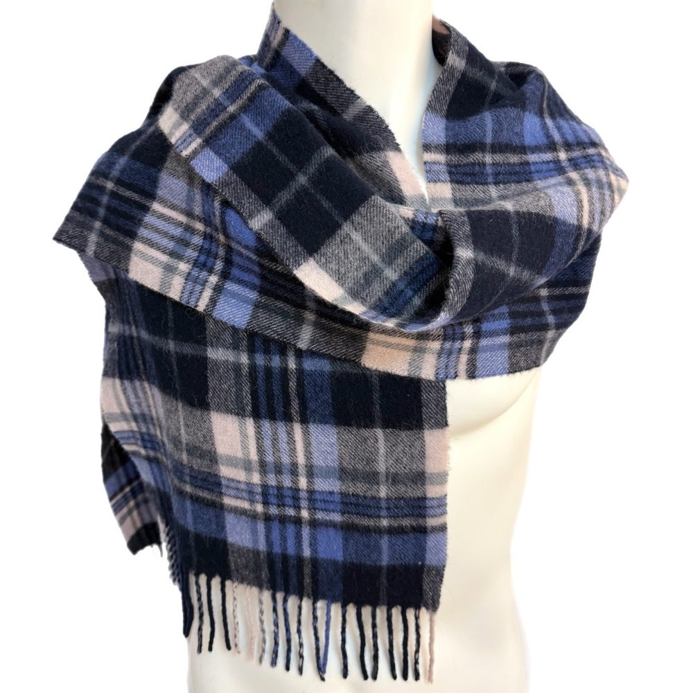 TT  100% Wool Blue & Grey Tartan Scarf 🇲🇳– Extra Long 75"
